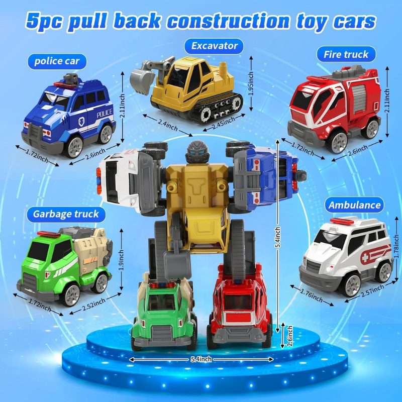 5-in-1 Transformer Pull Back Toy Cars for Ages 5-7